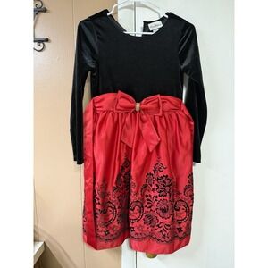 Rare Editions Red Black Velvet BEADED BOW Girls Dress Sz 14 Holiday NWT